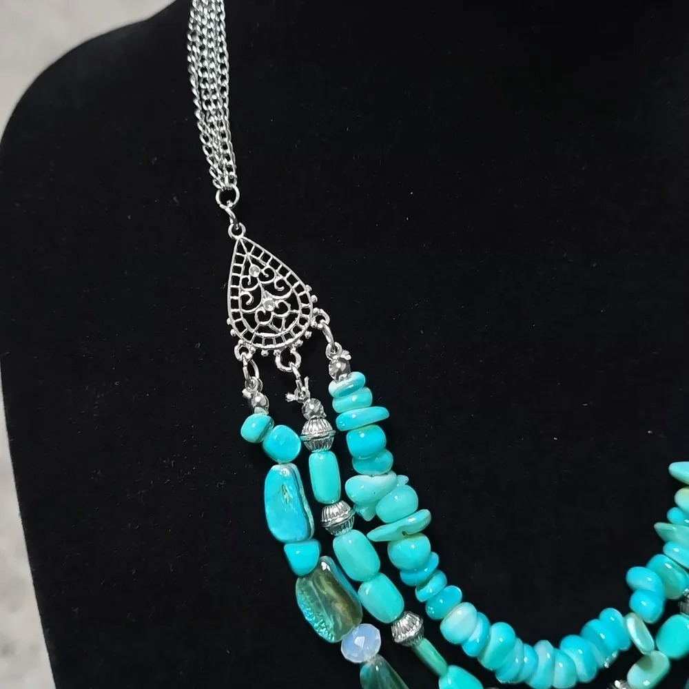 NEW Blue Turquoise Multi Strand Tiered Statement Necklace, Boho, Southwestern - Picture 5 of 12